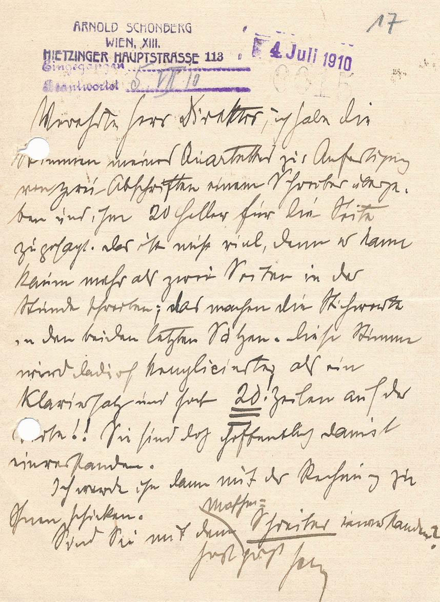 Arnold Schönberg an Universal-Edition, 4. Juli 1910